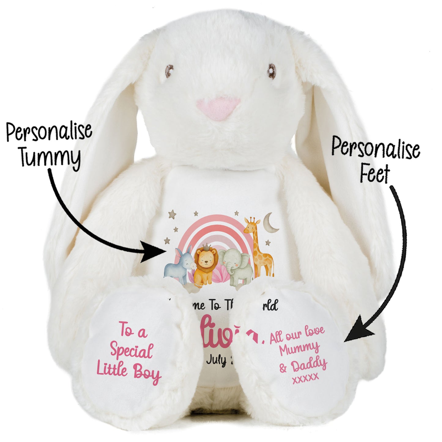 New Baby 'Welcome to The World' Pink Safari Friends Personalised Teddy Bears