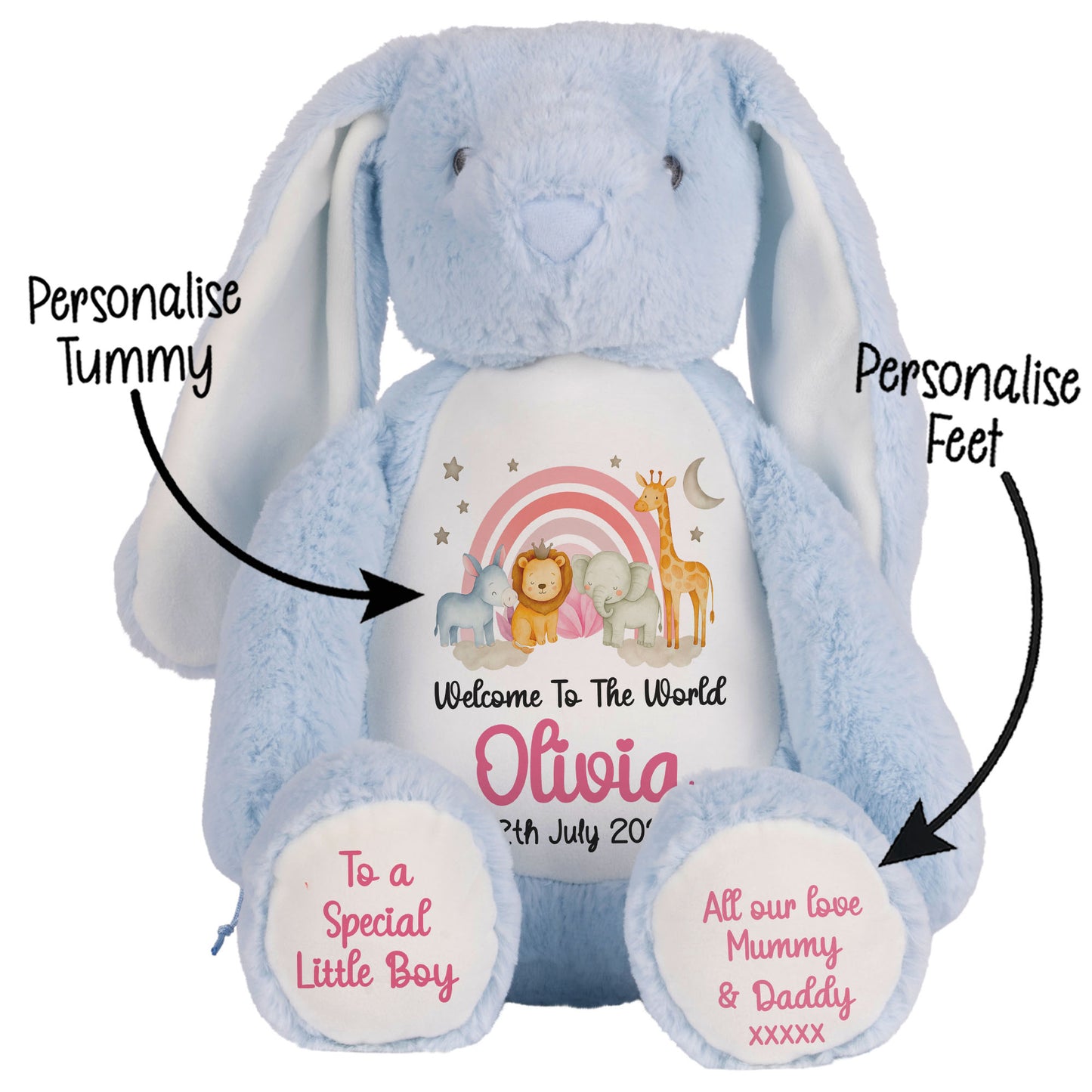 New Baby 'Welcome to The World' Pink Safari Friends Personalised Teddy Bears