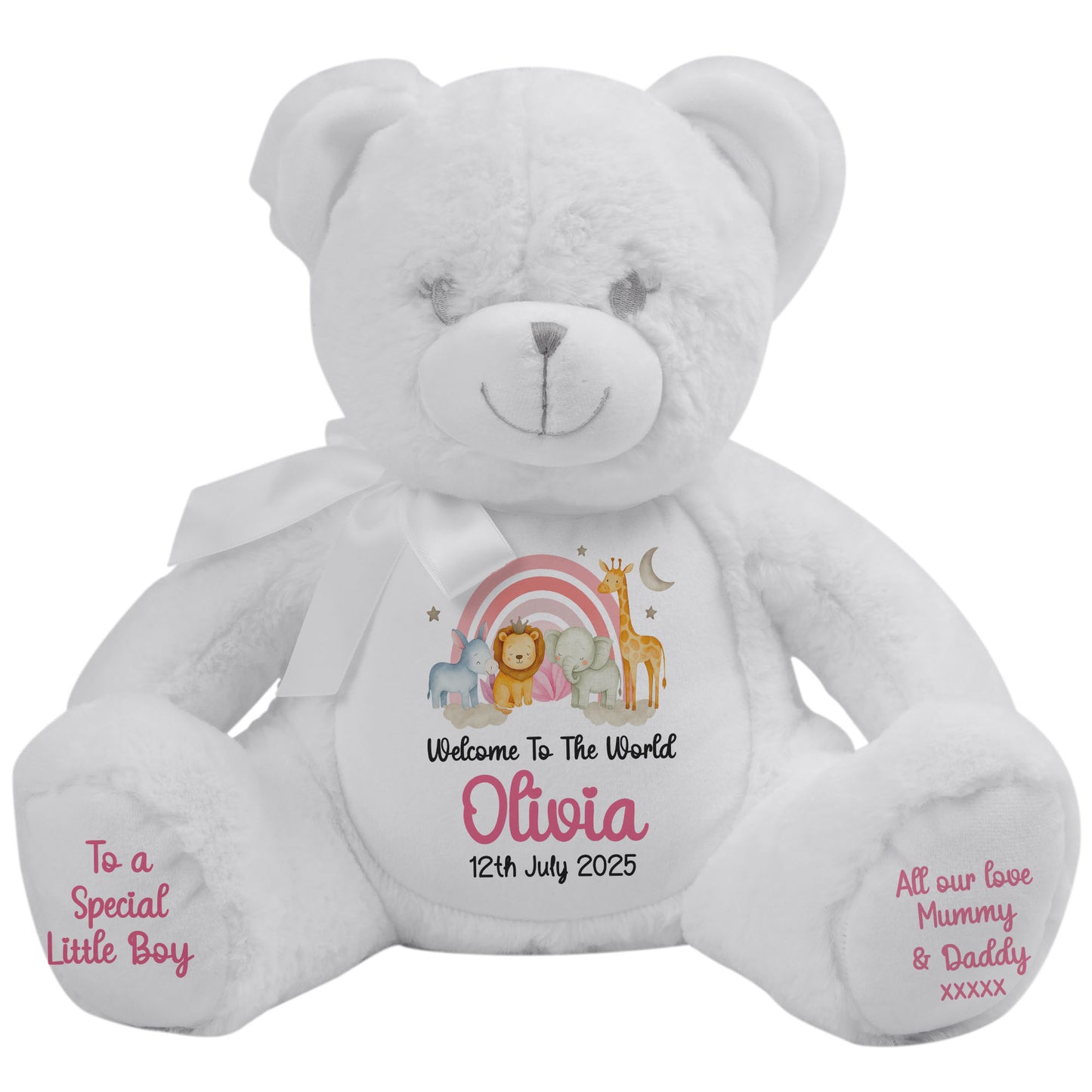 New Baby 'Welcome to The World' Pink Safari Friends Personalised Teddy Bears
