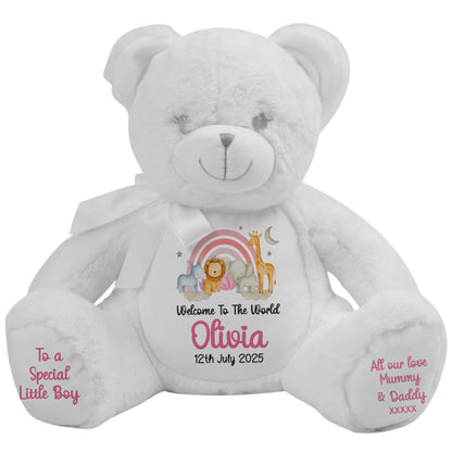 New Baby 'Welcome to The World' Pink Safari Friends Personalised Teddy Bears
