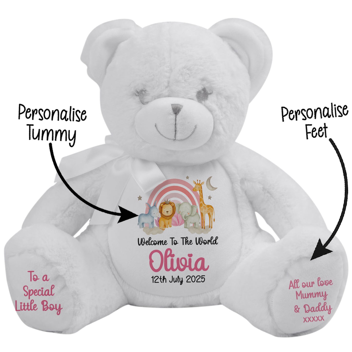New Baby 'Welcome to The World' Pink Safari Friends Personalised Teddy Bears