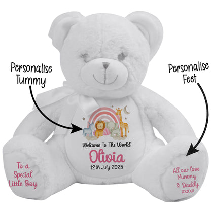 New Baby 'Welcome to The World' Pink Safari Friends Personalised Teddy Bears