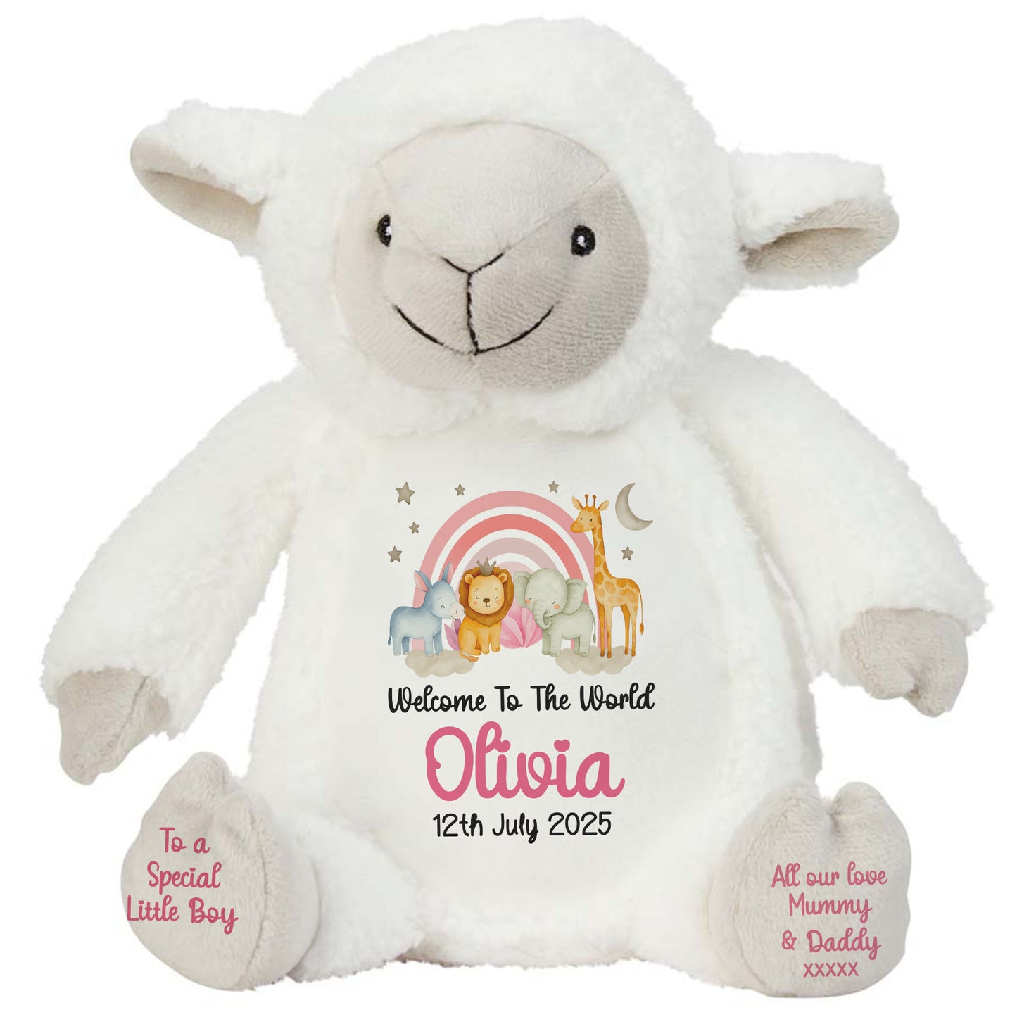 New Baby 'Welcome to The World' Pink Safari Friends Personalised Teddy Bears
