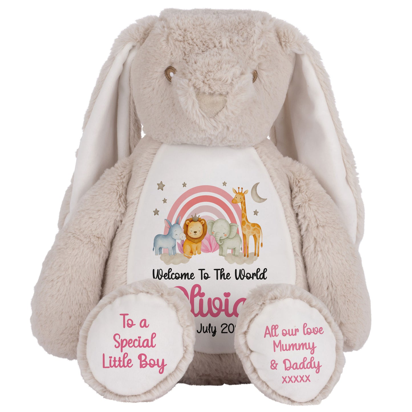 New Baby 'Welcome to The World' Pink Safari Friends Personalised Teddy Bears
