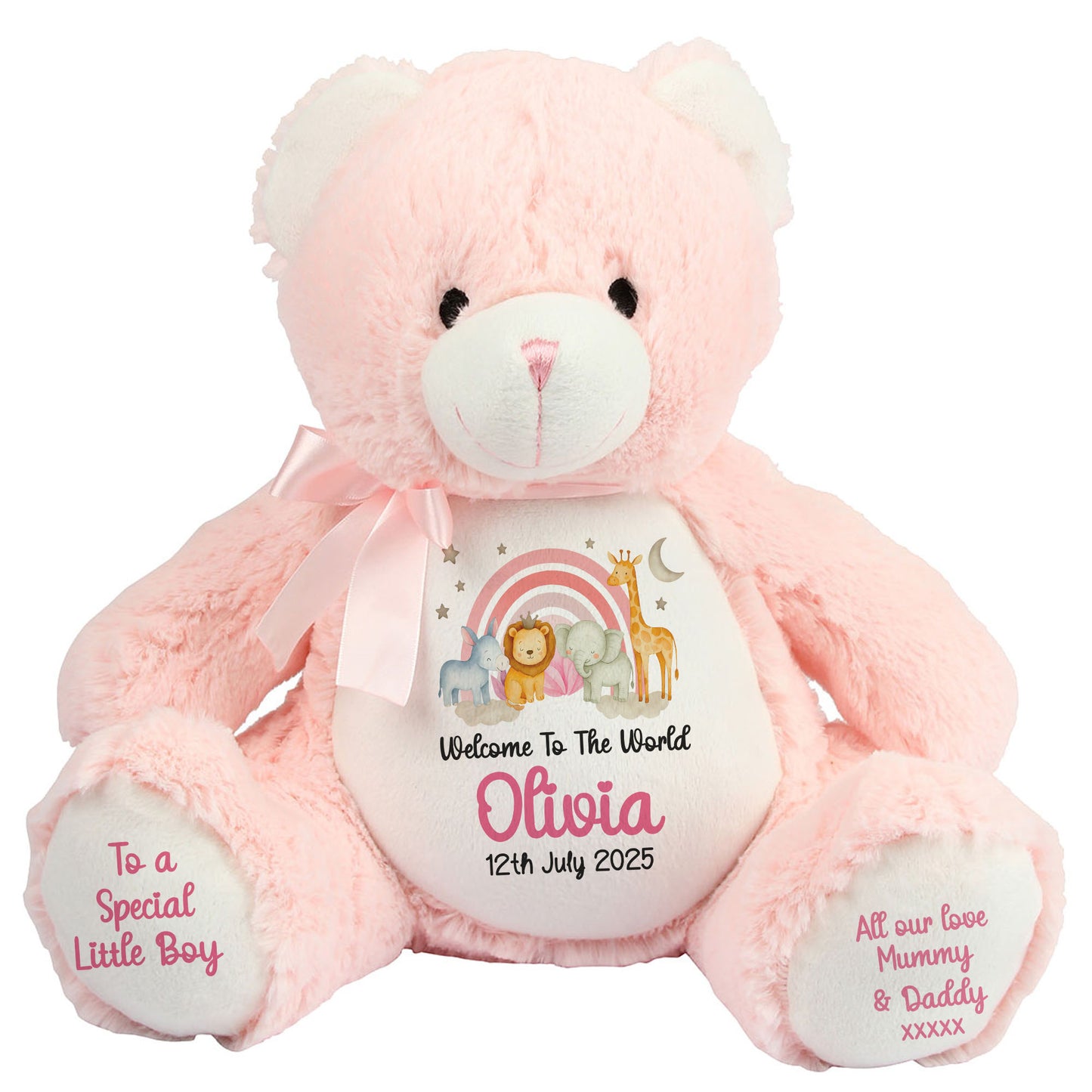 New Baby 'Welcome to The World' Pink Safari Friends Personalised Teddy Bears