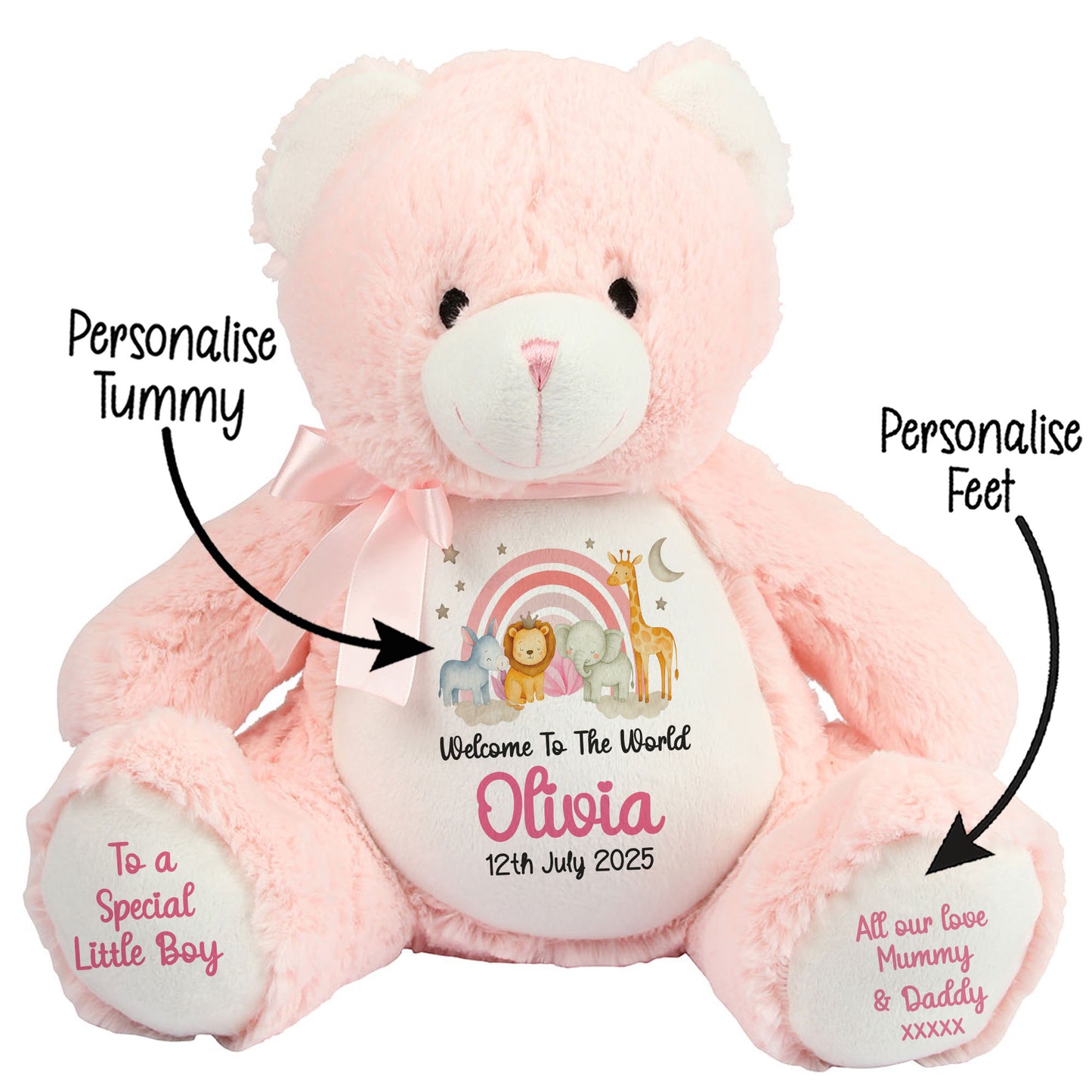 New Baby 'Welcome to The World' Pink Safari Friends Personalised Teddy Bears