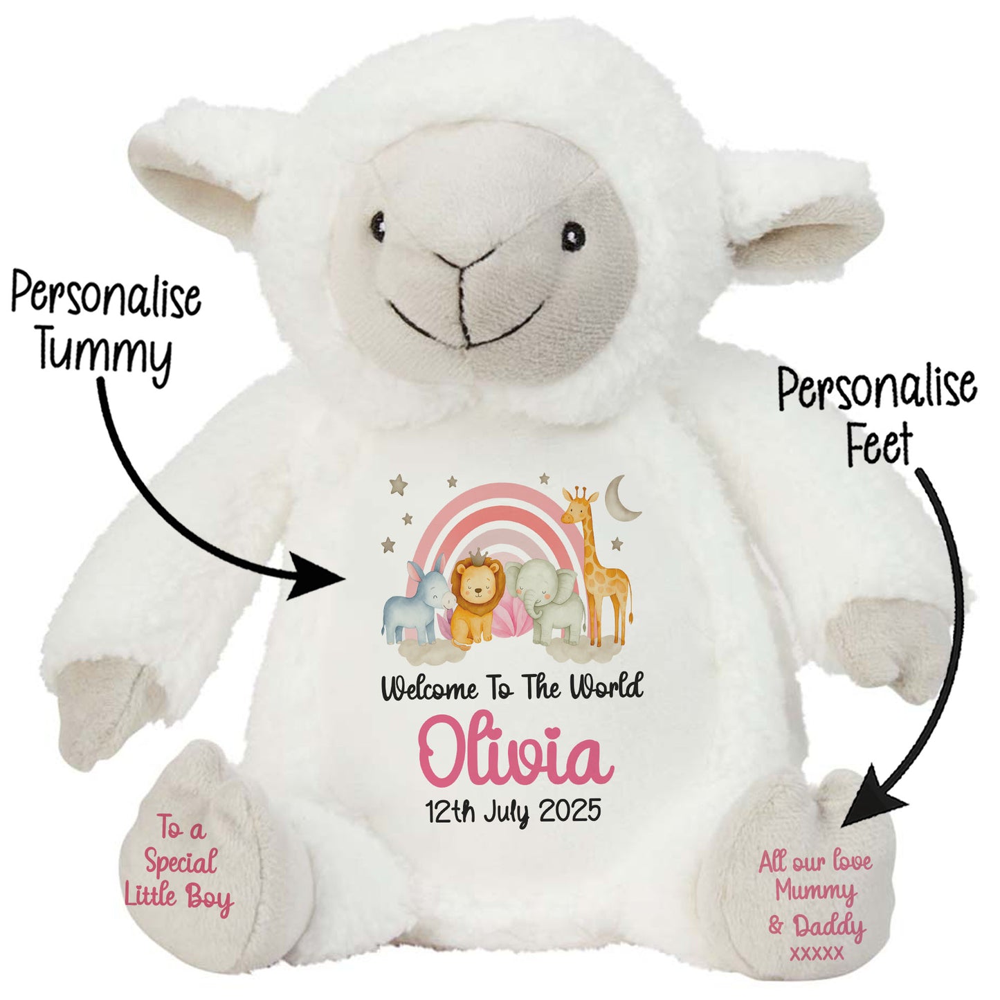 New Baby 'Welcome to The World' Pink Safari Friends Personalised Teddy Bears