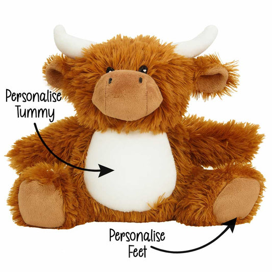 Plush highland cow toy cow with text indicating areas to personalise on a white background PHigh