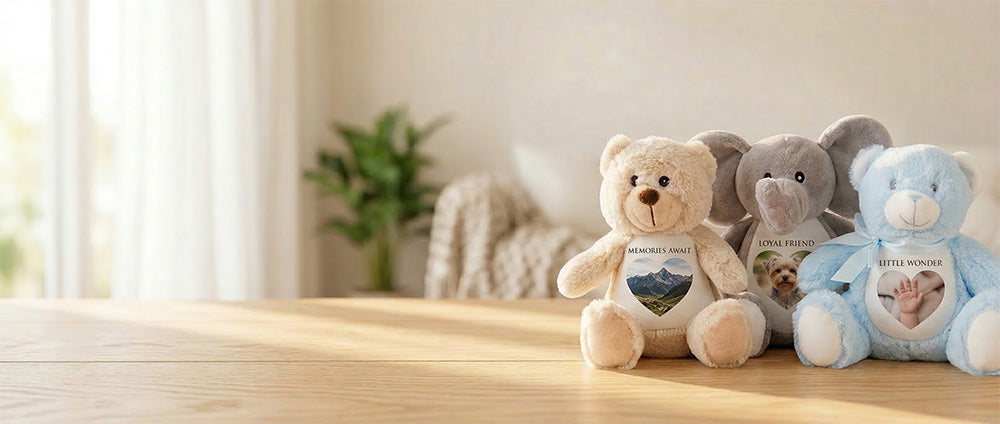 Three teddy bears with printed pictures on a wooden surface.