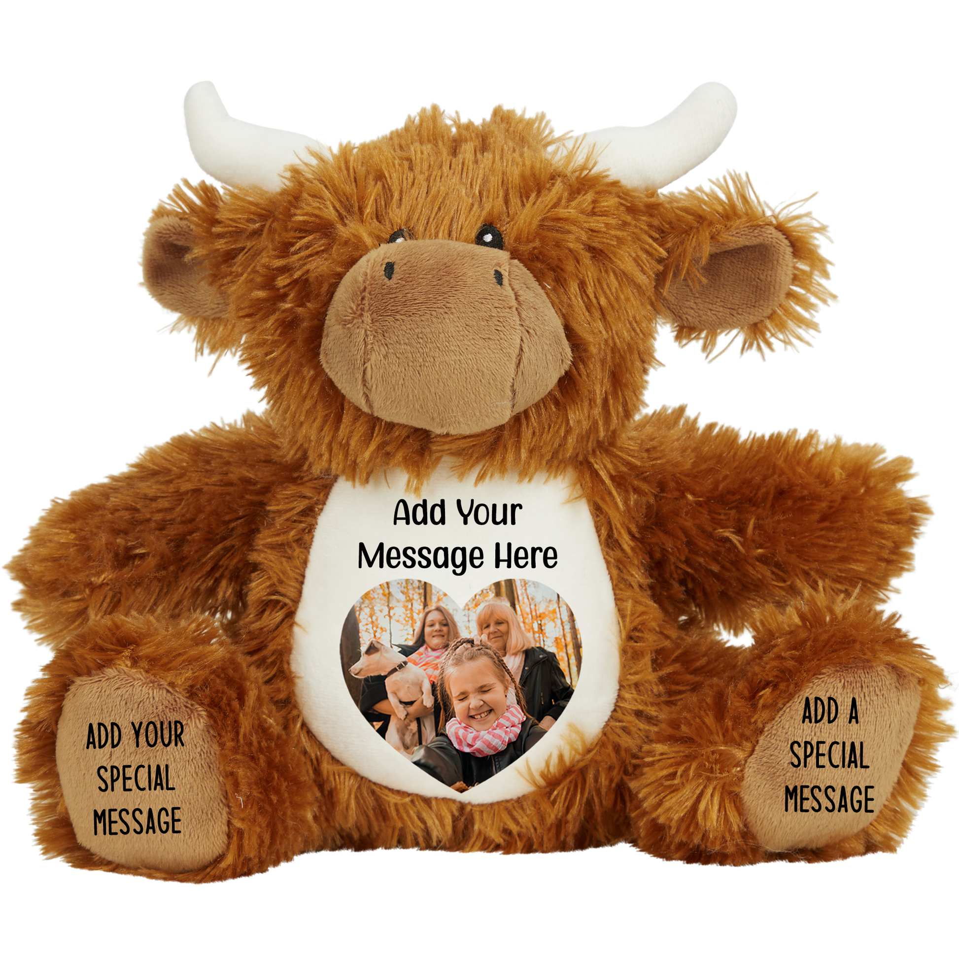 Plush toy Highland cow with customisable message area on a white background PHigh