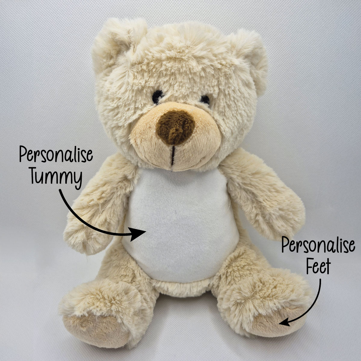 Brown teddy bear with text indicating areas to personalise on a white background