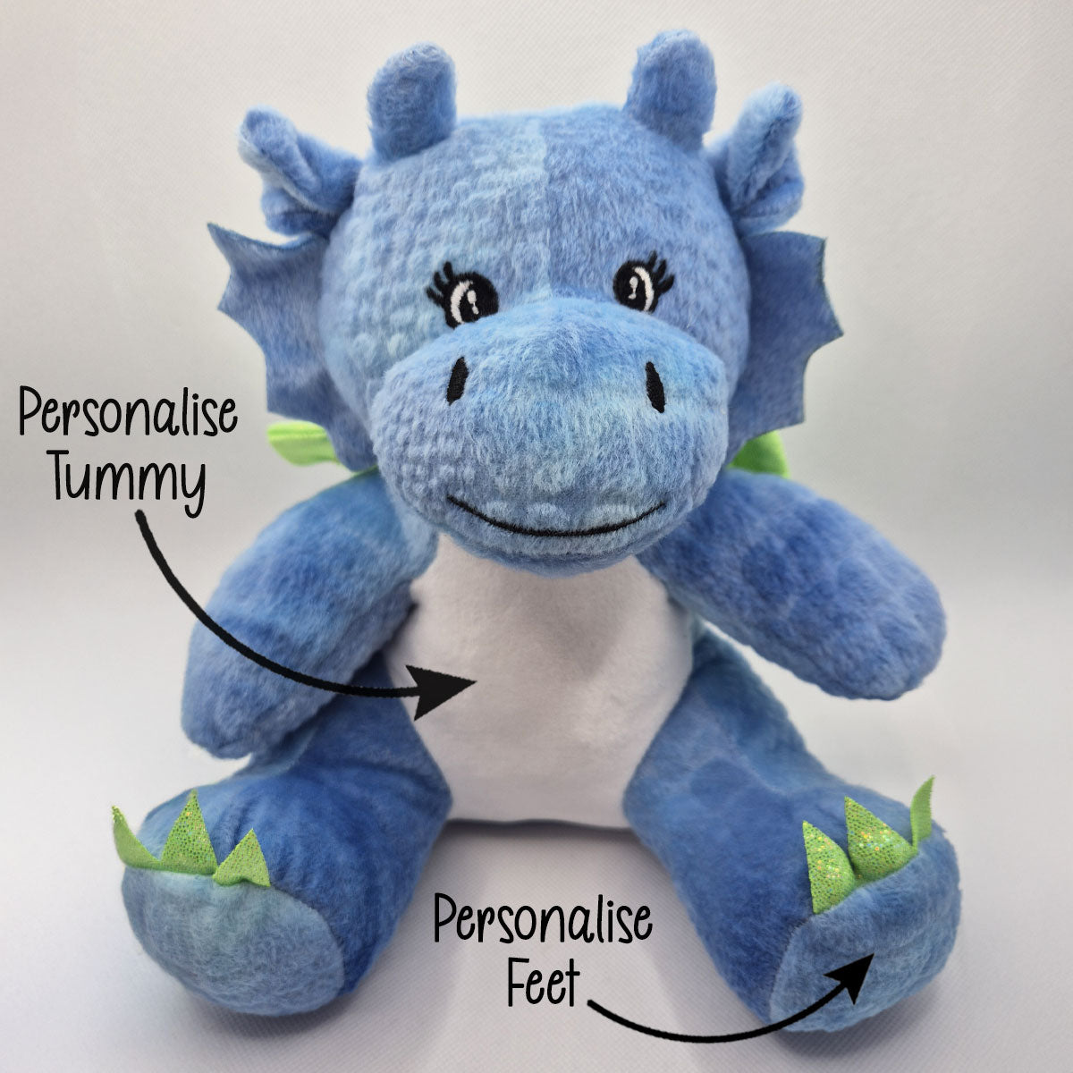 Blue dragon teddy with text indicating customisable parts on a white background