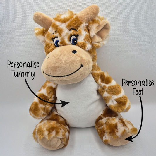 Plush toy with text indicating areas to personalise on a white background