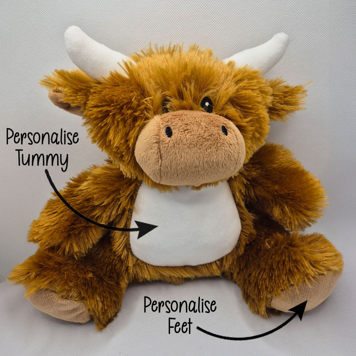 Plush highland cow teddy with text indicating areas to personalise on a grey background