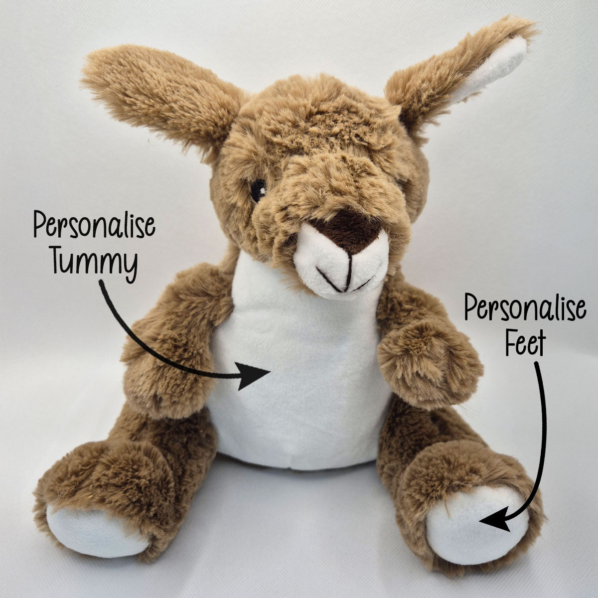 Plush kangaroo teddy with text indicating areas to personalise on a white background