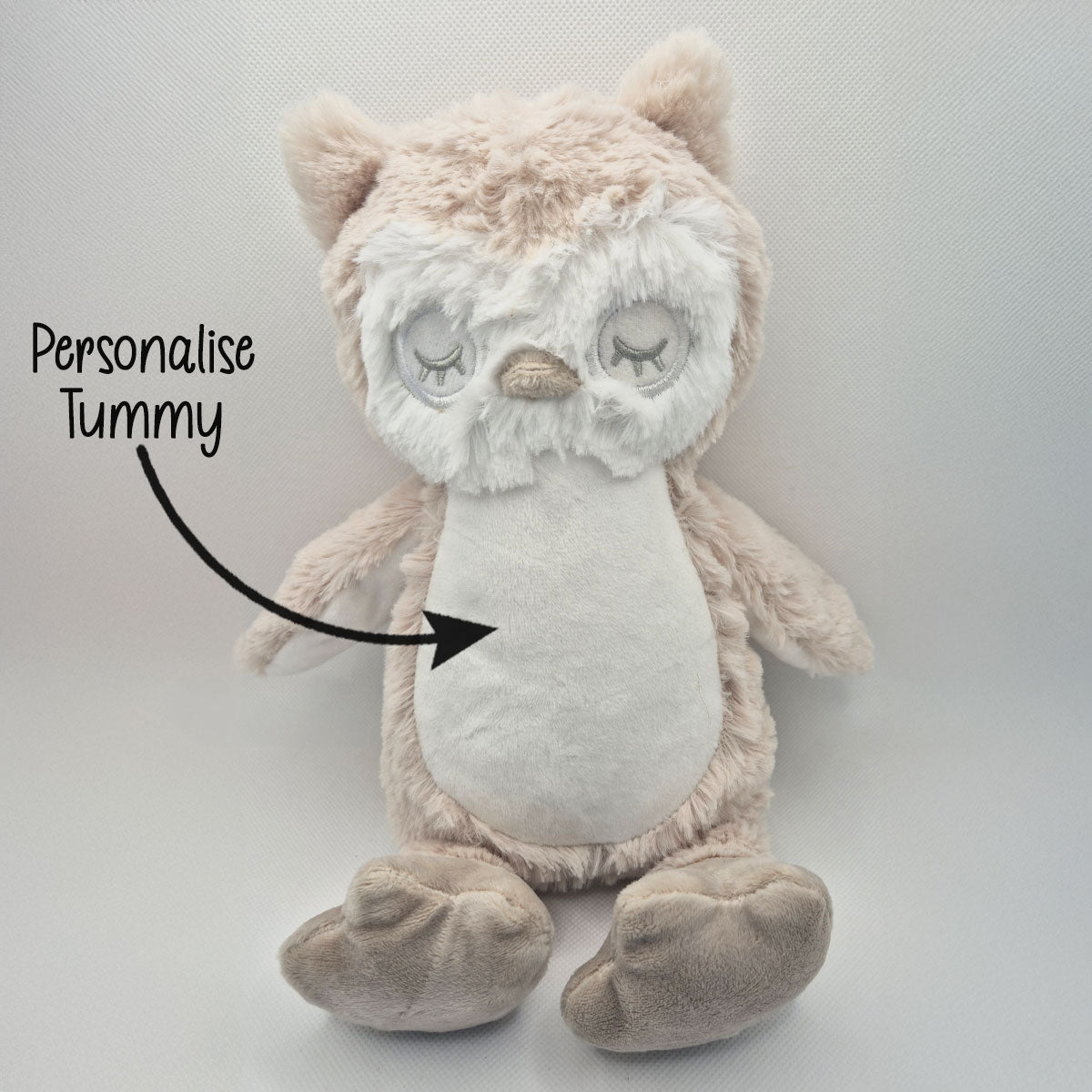 Plush owl teddy with text 'Personalise Tummy' on a white background