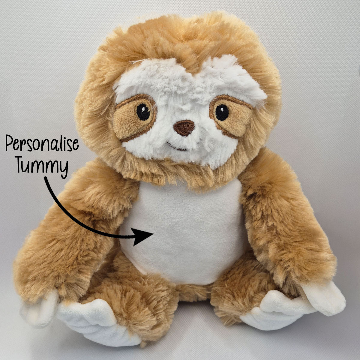 Plush sloth teddy with text 'Personalise Tummy' on a light gray background
