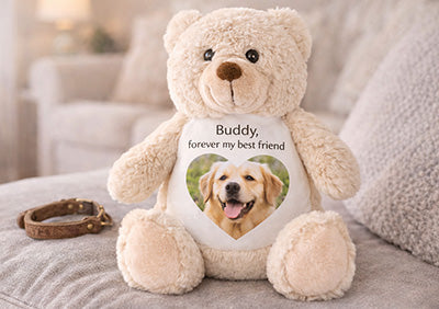 Brown teddy bear with a heart-shaped photo print of a dog on a soft surface.