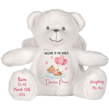 Pink Balloon Sleeping Bear New Baby Girl Personalised Teddy Bear