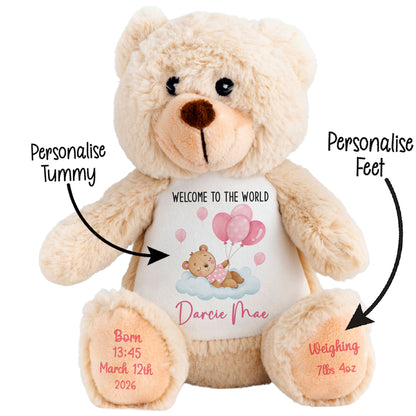 Pink Balloon Sleeping Bear New Baby Girl Personalised Teddy Bear