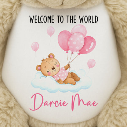 Pink Balloon Sleeping Bear New Baby Girl Personalised Teddy Bear