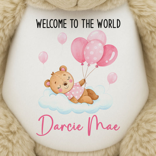 Pink Balloon Sleeping Bear New Baby Girl Personalised Teddy Bear