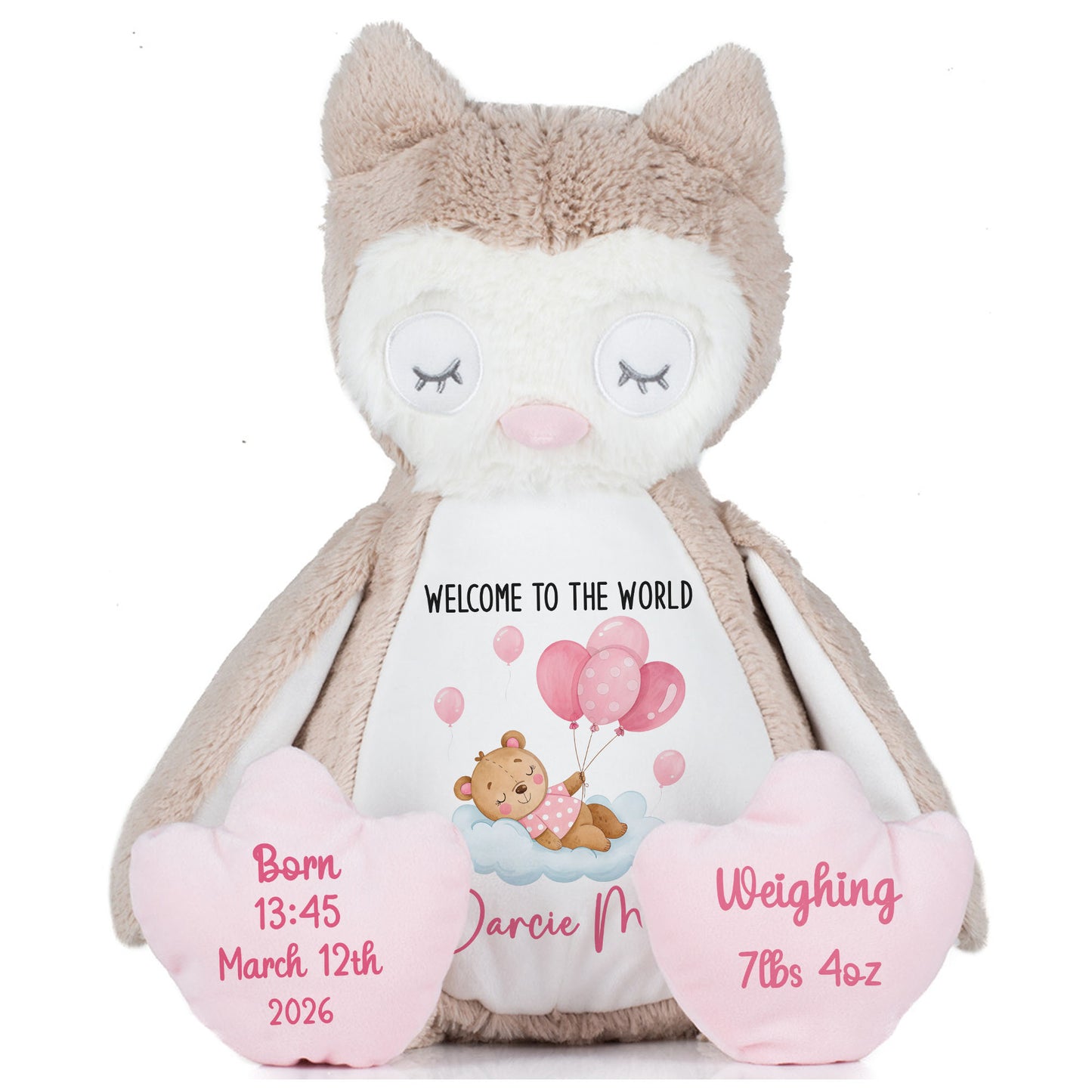Pink Balloon Sleeping Bear New Baby Girl Personalised Teddy Bear
