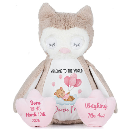 Pink Balloon Sleeping Bear New Baby Girl Personalised Teddy Bear