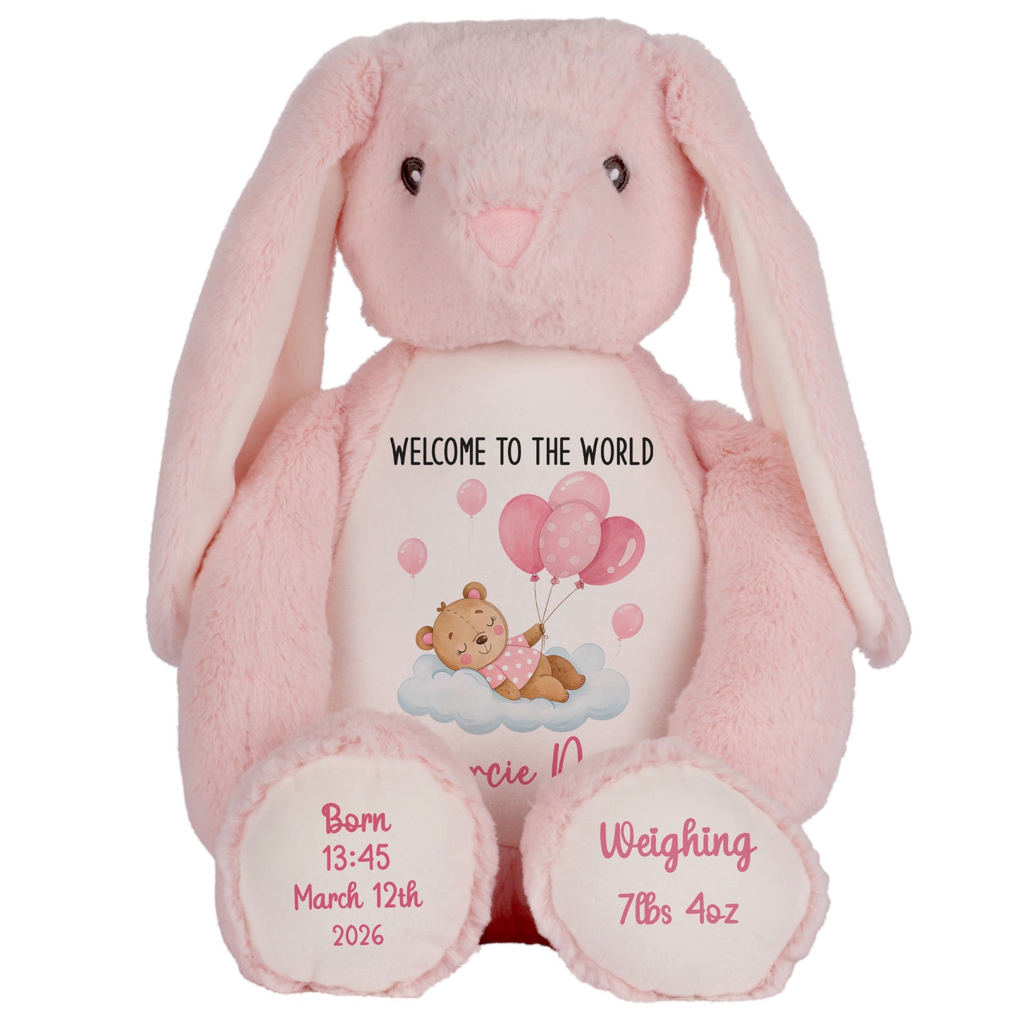Pink Balloon Sleeping Bear New Baby Girl Personalised Teddy Bear
