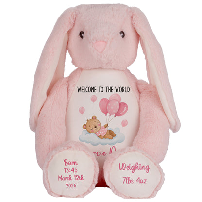 Pink Balloon Sleeping Bear New Baby Girl Personalised Teddy Bear