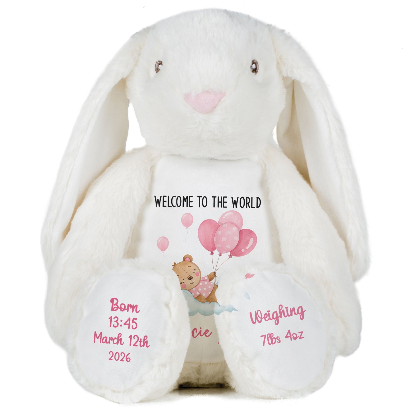 Pink Balloon Sleeping Bear New Baby Girl Personalised Teddy Bear