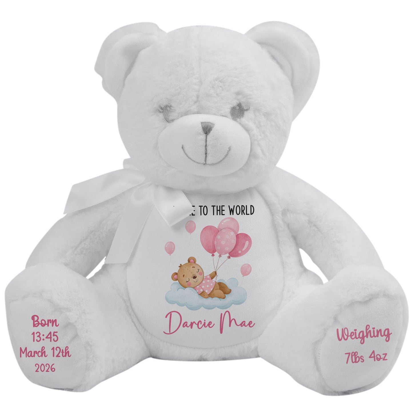 Pink Balloon Sleeping Bear New Baby Girl Personalised Teddy Bear