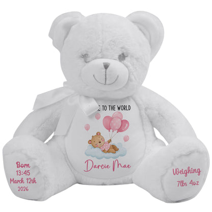 Pink Balloon Sleeping Bear New Baby Girl Personalised Teddy Bear