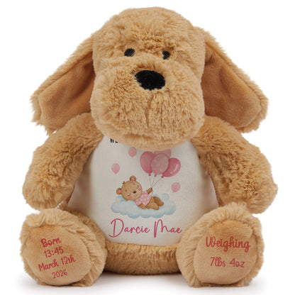 Pink Balloon Sleeping Bear New Baby Girl Personalised Teddy Bear