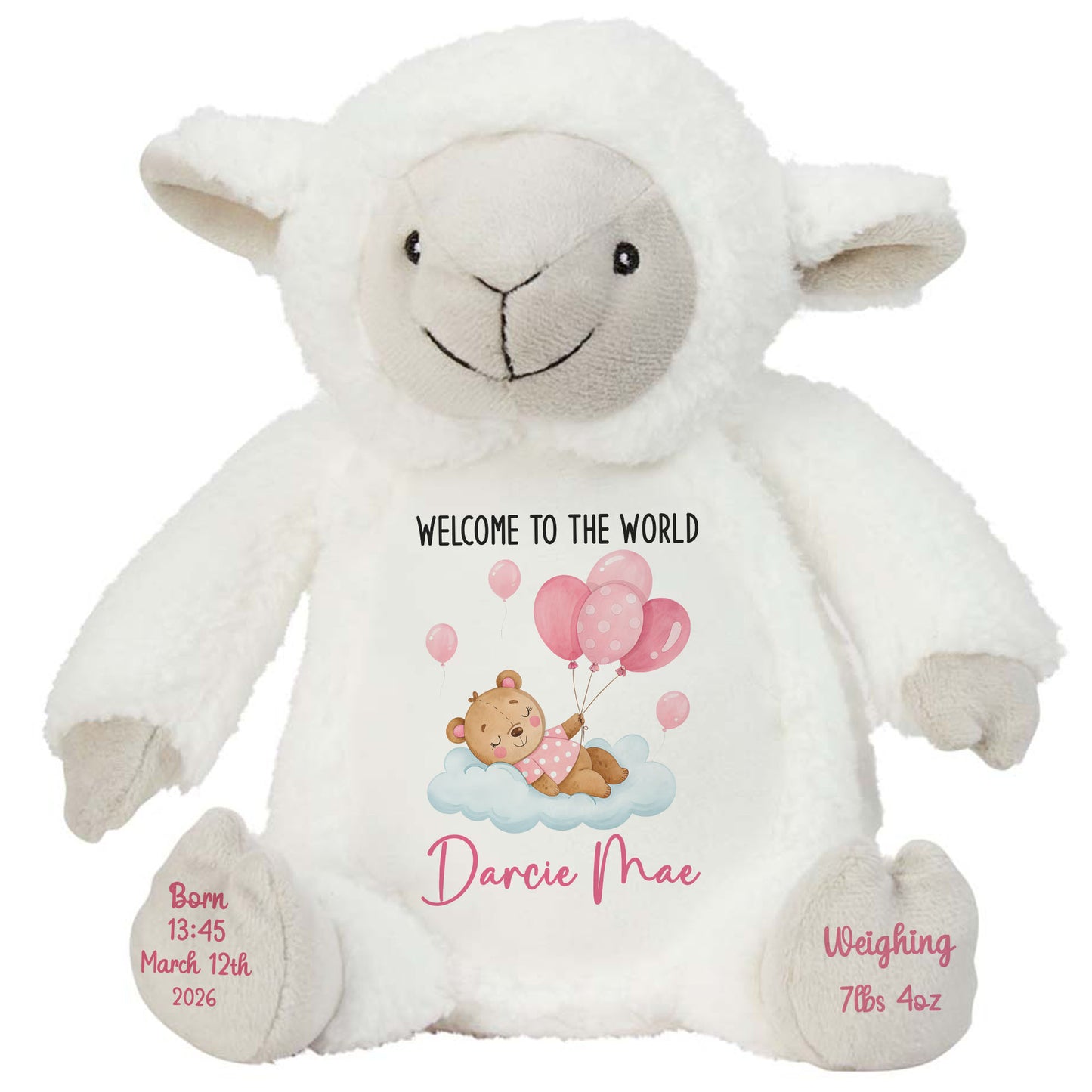 Pink Balloon Sleeping Bear New Baby Girl Personalised Teddy Bear
