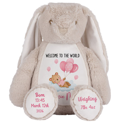 Pink Balloon Sleeping Bear New Baby Girl Personalised Teddy Bear