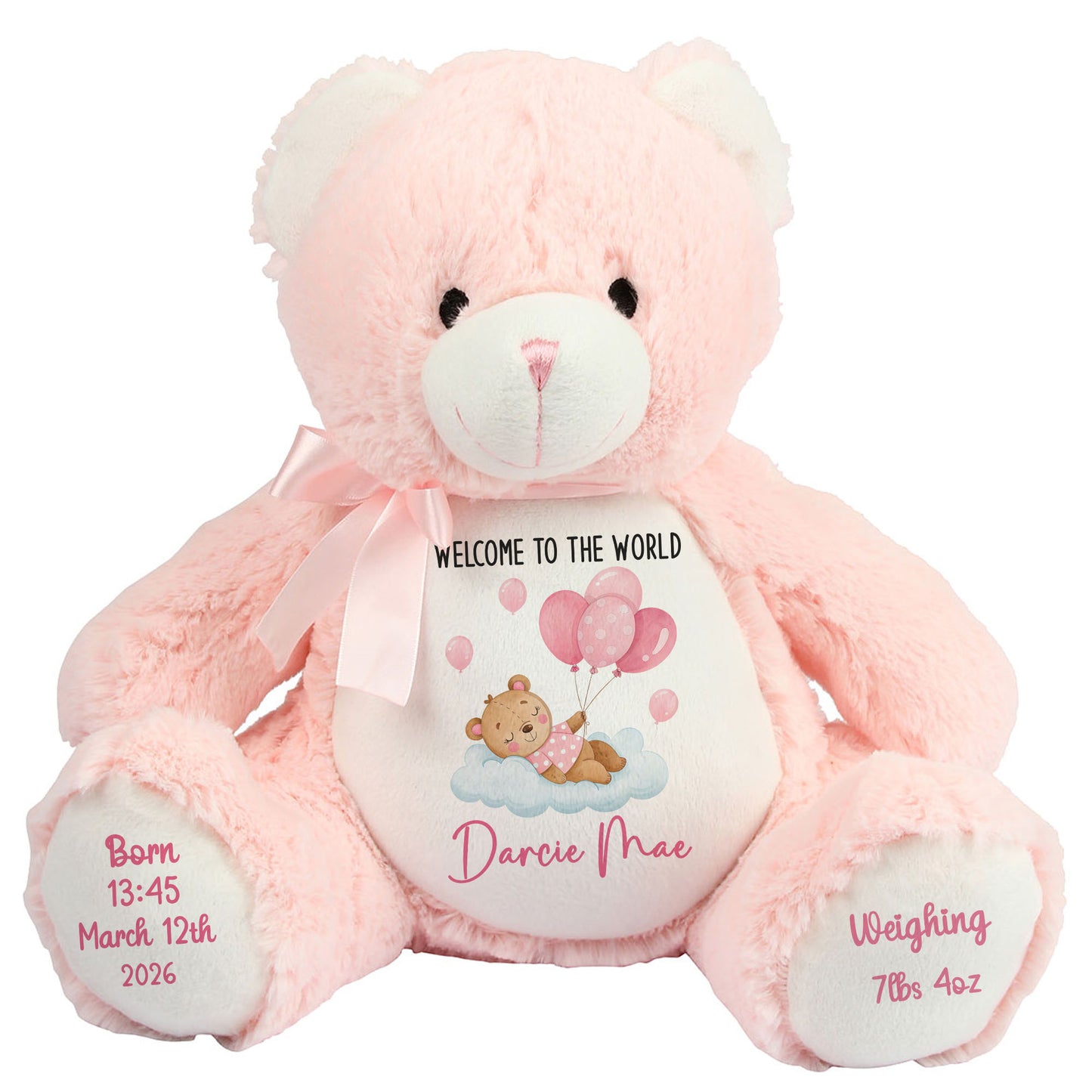 Pink Balloon Sleeping Bear New Baby Girl Personalised Teddy Bear