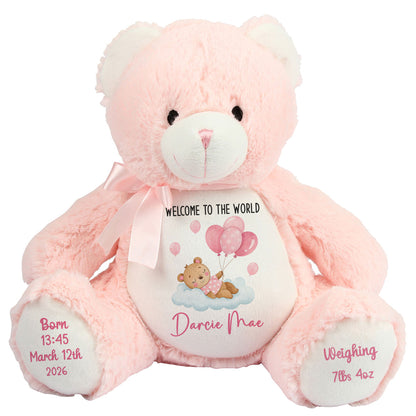Pink Balloon Sleeping Bear New Baby Girl Personalised Teddy Bear