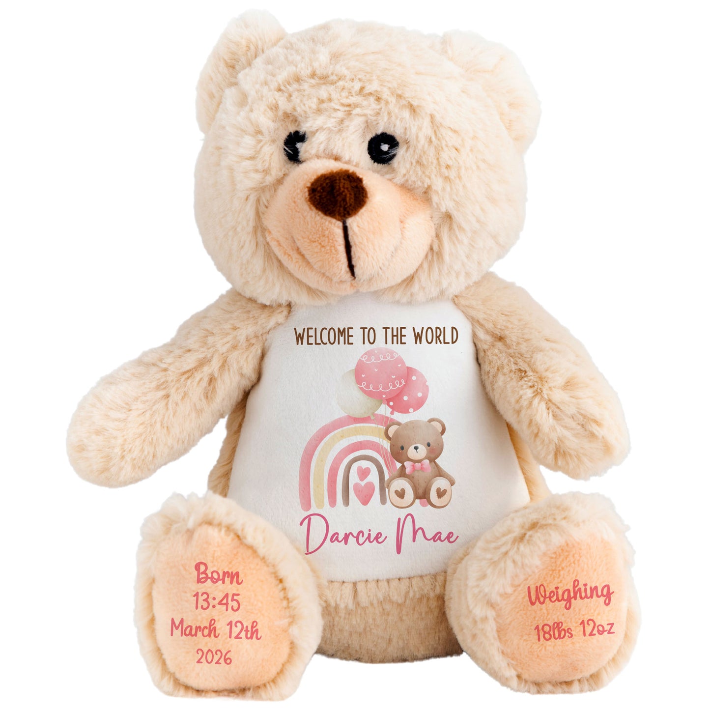 Pink Rainbow Bear Balloons New Baby Personalised Teddy Bear