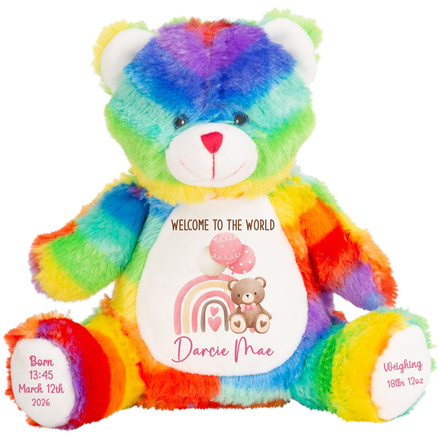 Pink Rainbow Bear Balloons New Baby Personalised Teddy Bear
