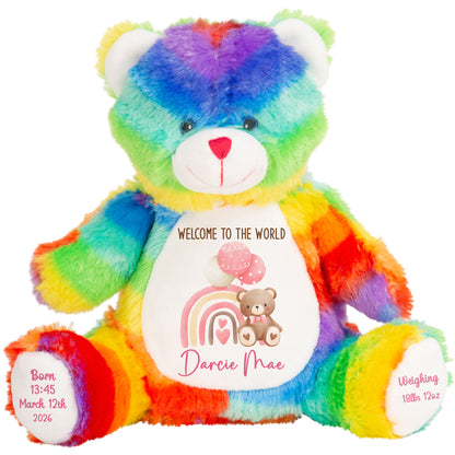 Pink Rainbow Bear Balloons New Baby Personalised Teddy Bear
