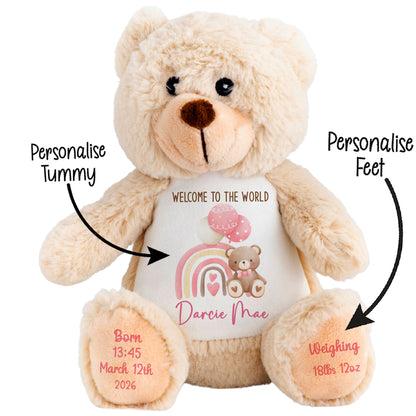 Pink Rainbow Bear Balloons New Baby Personalised Teddy Bear
