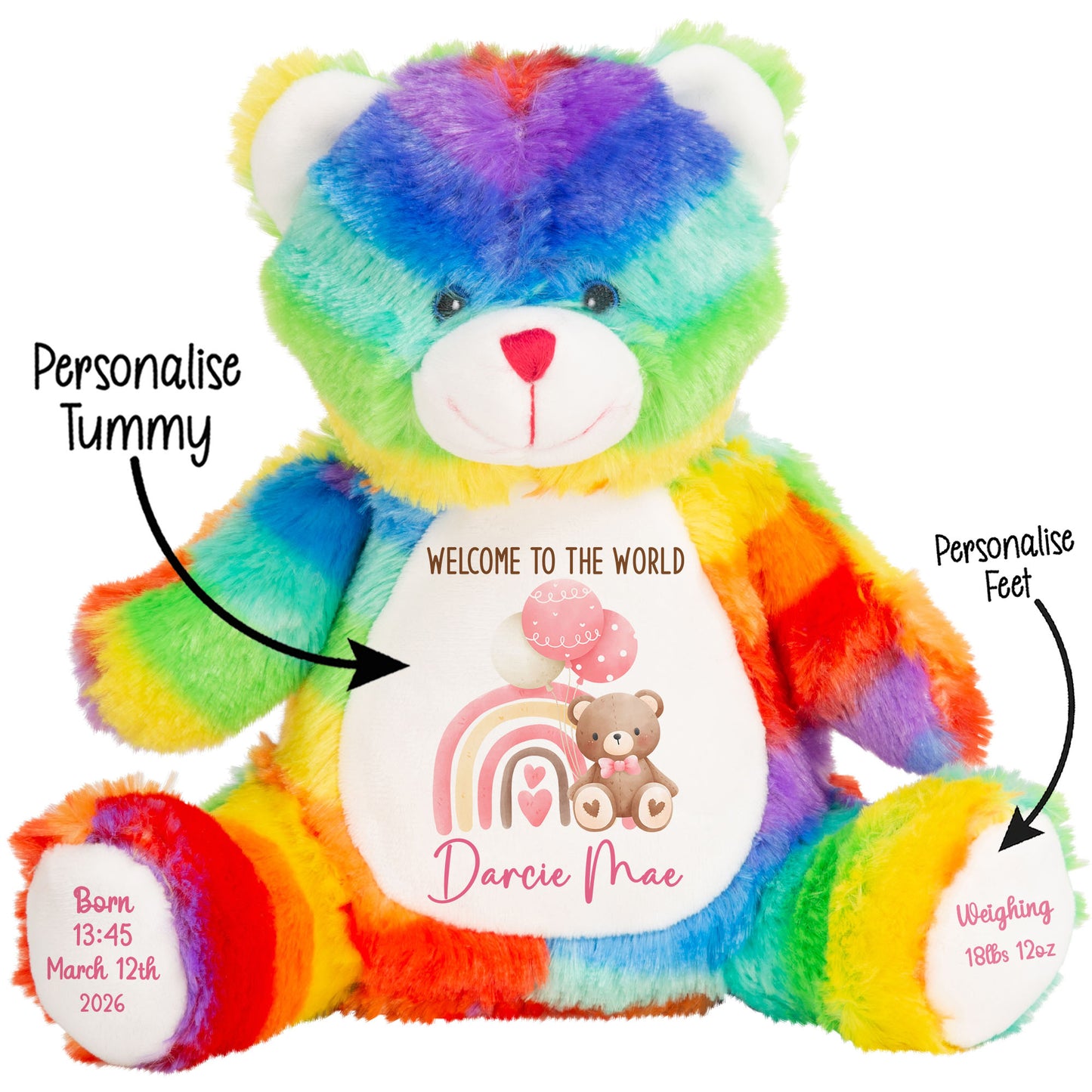Pink Rainbow Bear Balloons New Baby Personalised Teddy Bear