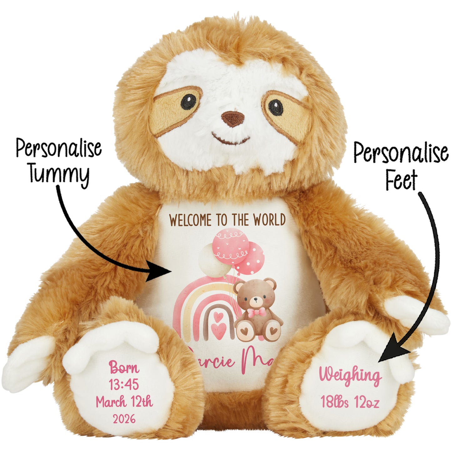 Pink Rainbow Bear Balloons New Baby Personalised Teddy Bear