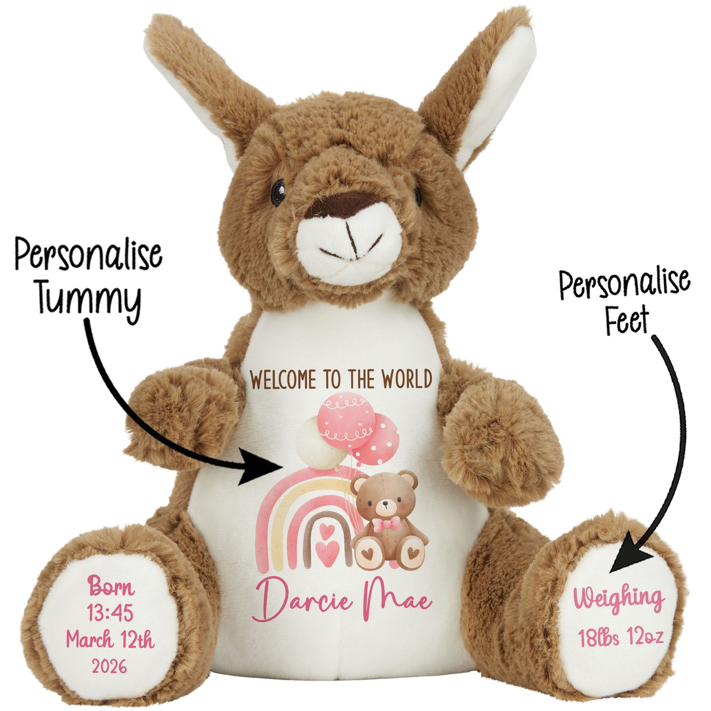 Pink Rainbow Bear Balloons New Baby Personalised Teddy Bear