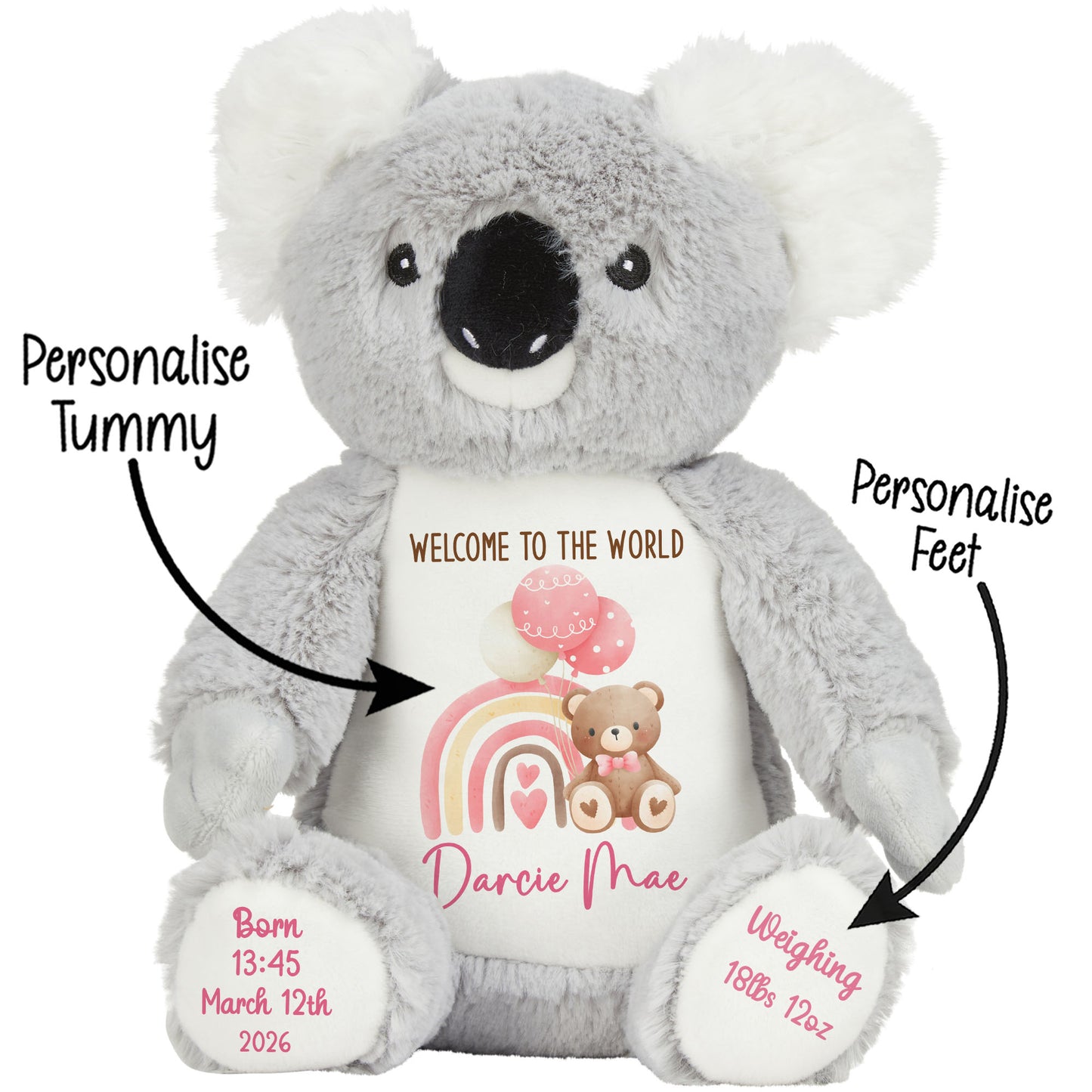 Pink Rainbow Bear Balloons New Baby Personalised Teddy Bear