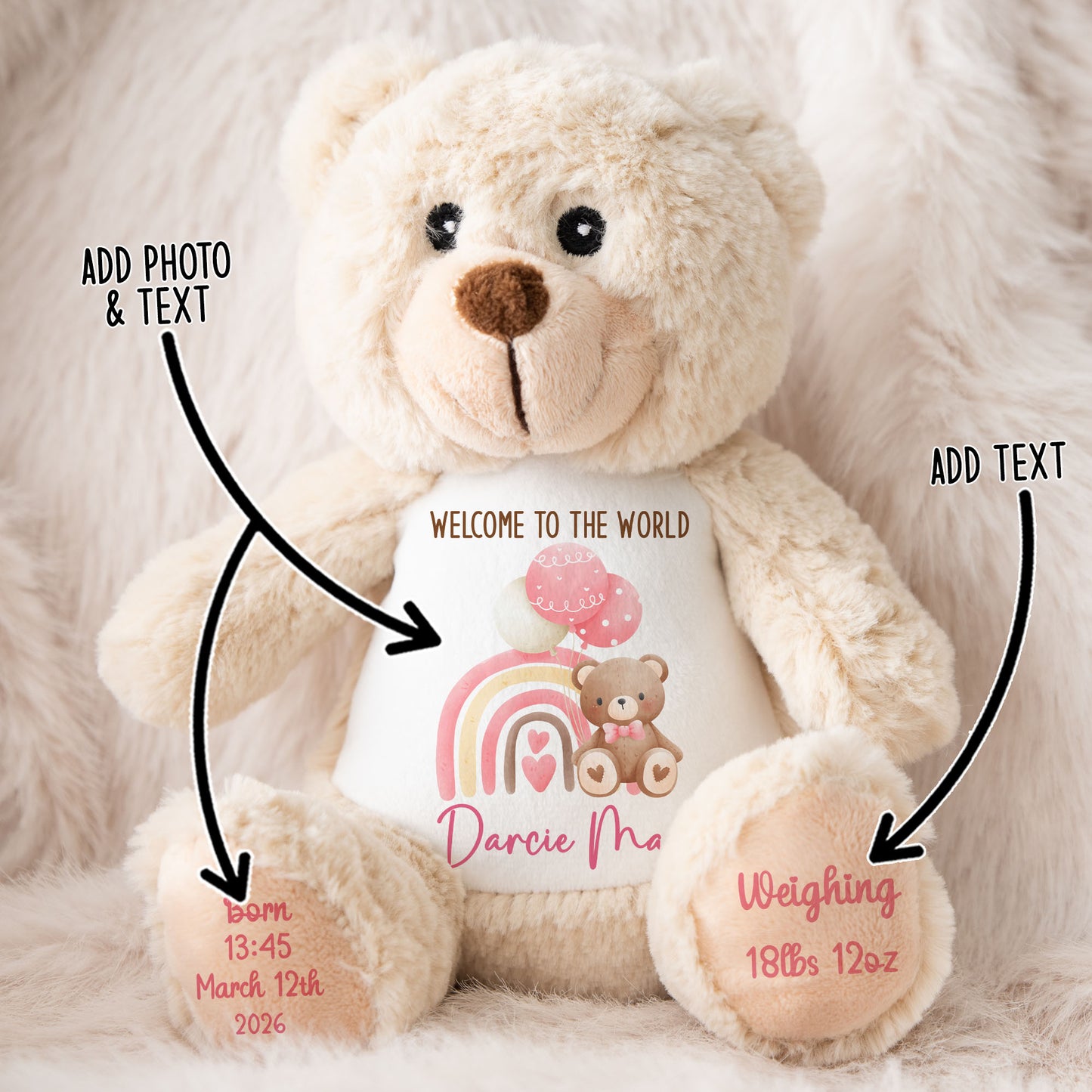 Pink Rainbow Bear Balloons New Baby Personalised Teddy Bear