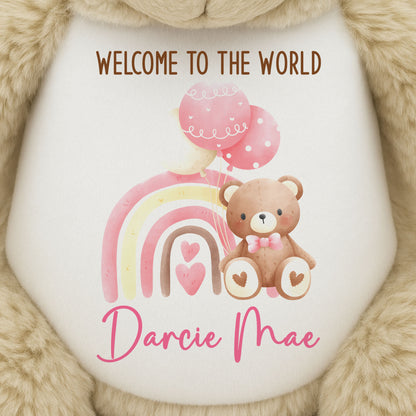 Pink Rainbow Bear Balloons New Baby Personalised Teddy Bear