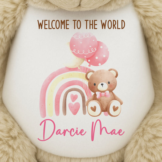 Pink Rainbow Bear Balloons New Baby Personalised Teddy Bear
