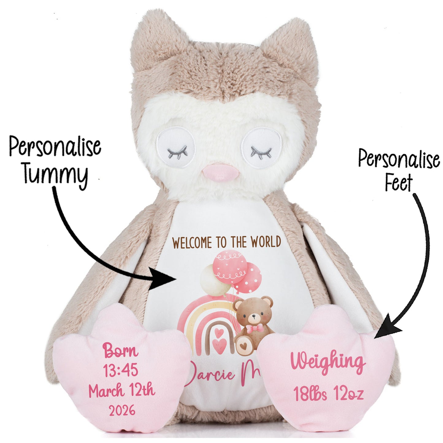 Pink Rainbow Bear Balloons New Baby Personalised Teddy Bear